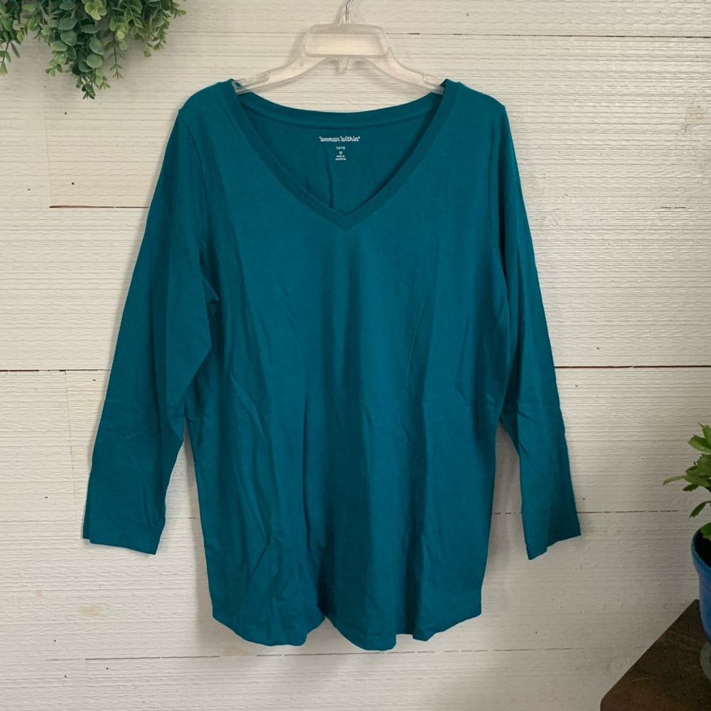 Woman’s Long sleeve V-Neck Tee by Woman Within.  Size M (14/16).  Color - Green